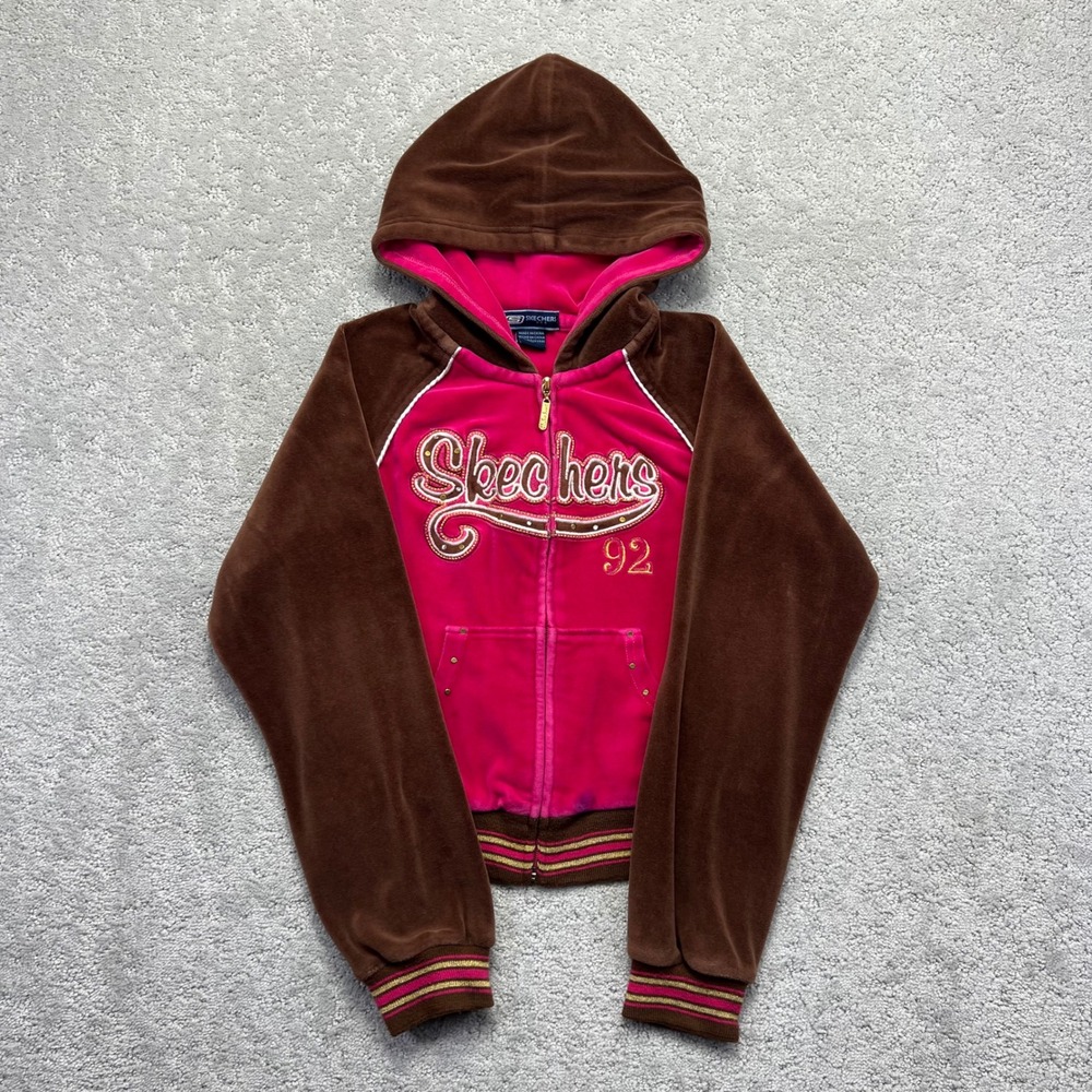 Y2k Skechers Hoodie Girls M‎ Brown Pink Velour McBling Rhinestone Embroidered